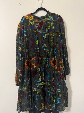 Cato Black Floral Velvet Burnout Dress with Multicolor Embroidery